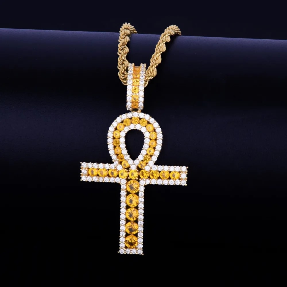 Egyptian Iced Out Ankh Pendant With Gold Rope Chain